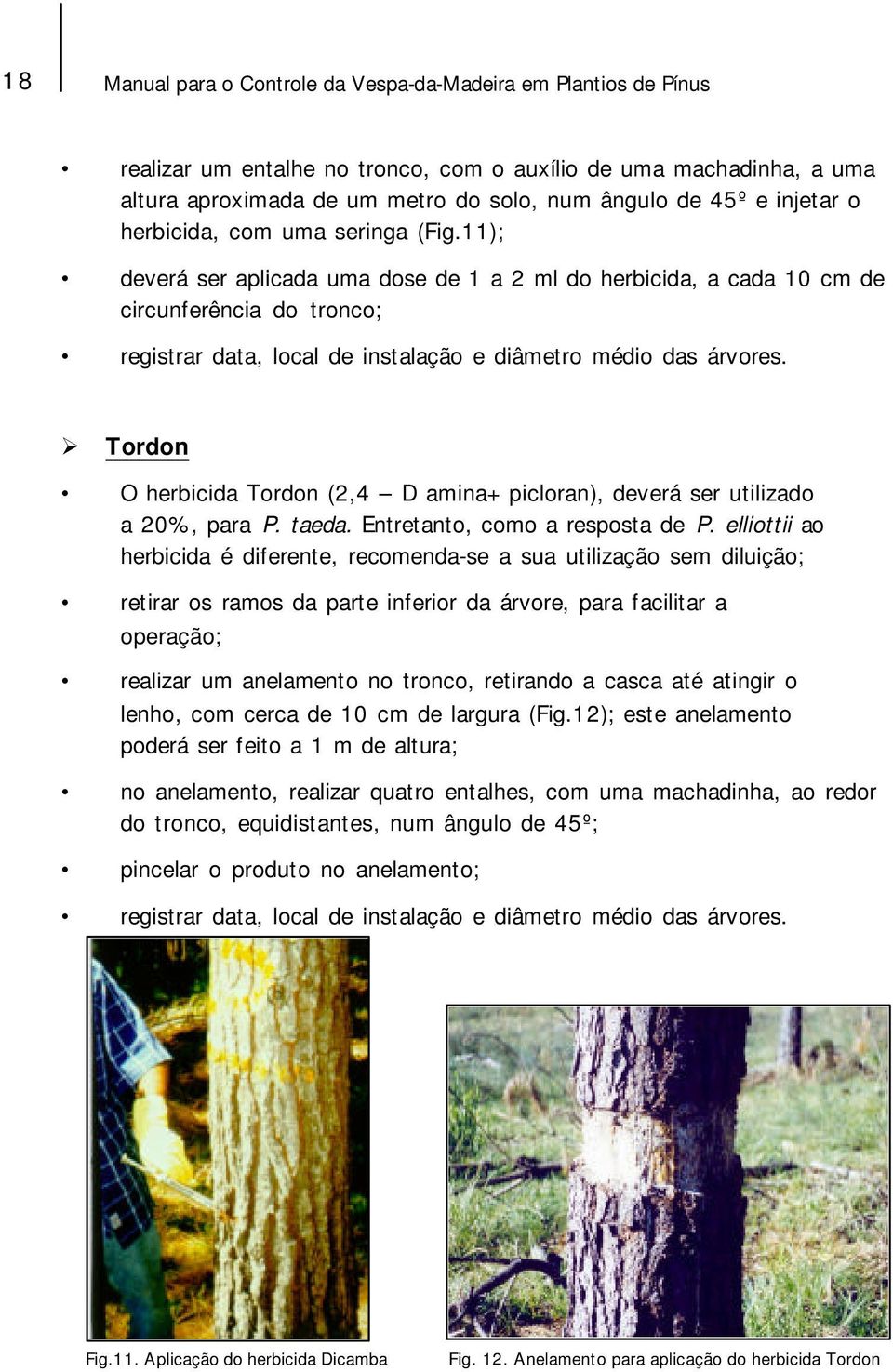 11); deverá ser aplicada uma dose de 1 a 2 ml do herbicida, a cada 10 cm de circunferência do tronco; registrar data, local de instalação e diâmetro médio das árvores.