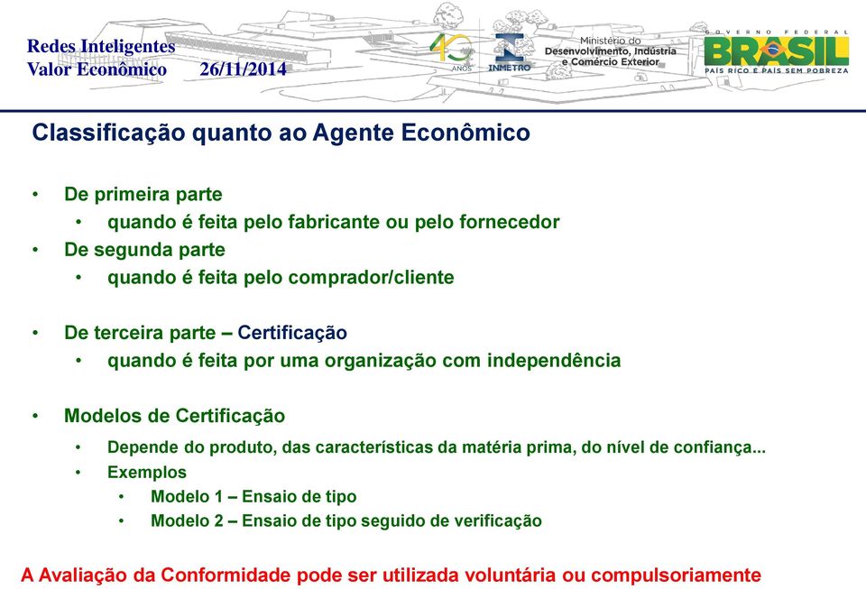 Modelos de Certificação Depende do produto, das características da matéria prima, do nível de confiança.