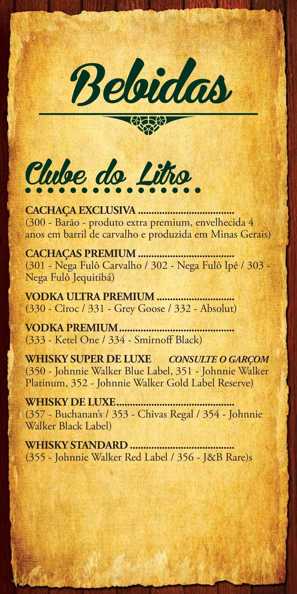 .. (333 - Ketel One / 334 - Smirnoff Black) WHISKY SUPER DE LUXE CONSULTE O GARÇOM (350 - Johnnie Walker Blue Label, 351 - Johnnie Walker Platinum, 352 - Johnnie Walker