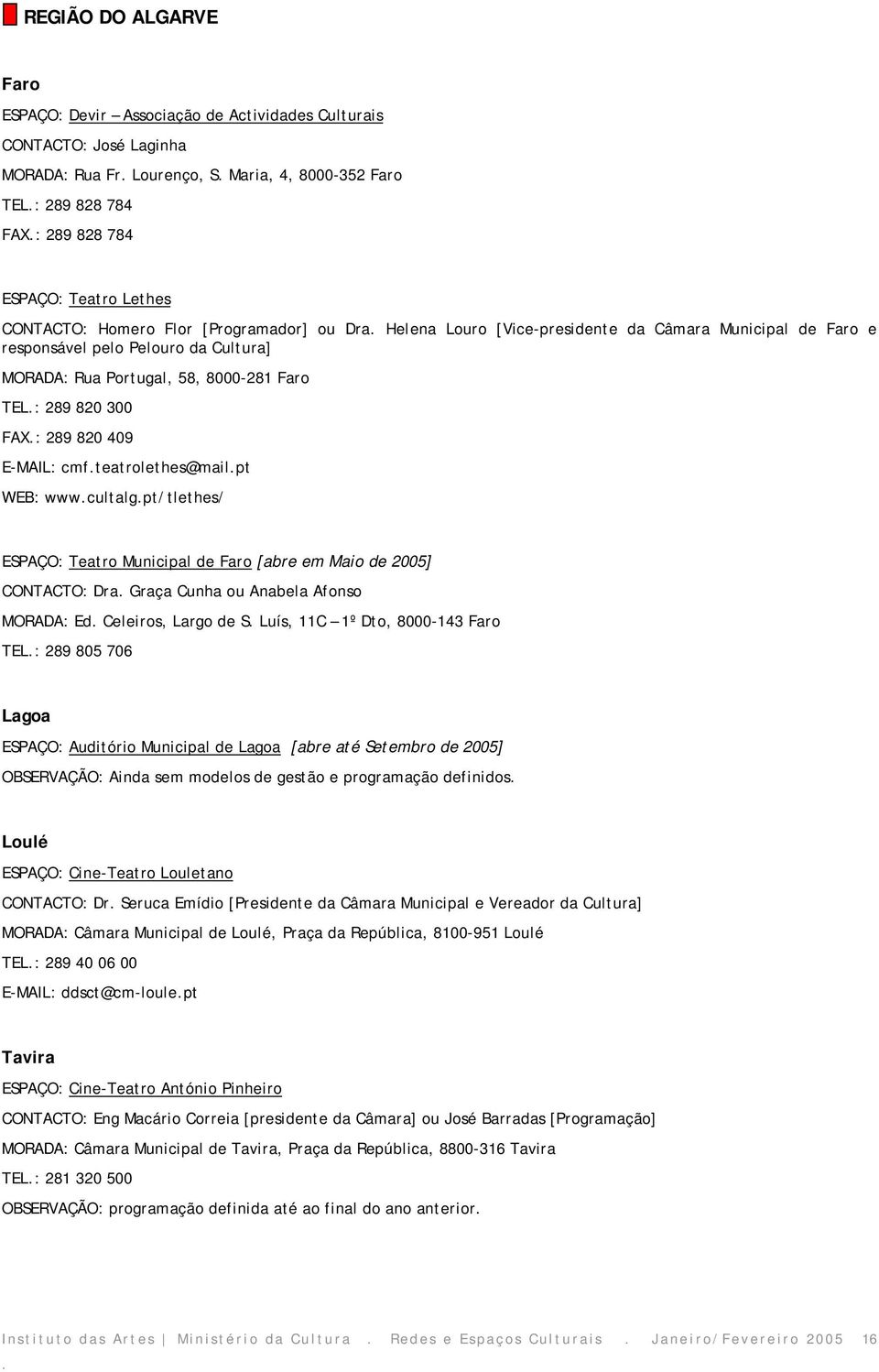 300 FAX: 289 820 409 E-MAIL: cmfteatrolethes@mailpt WEB: wwwcultalgpt/tlethes/ ESPAÇO: Teatro Municipal de Faro [abre em Maio de 2005] CONTACTO: Dra Graça Cunha ou Anabela Afonso MORADA: Ed Celeiros,