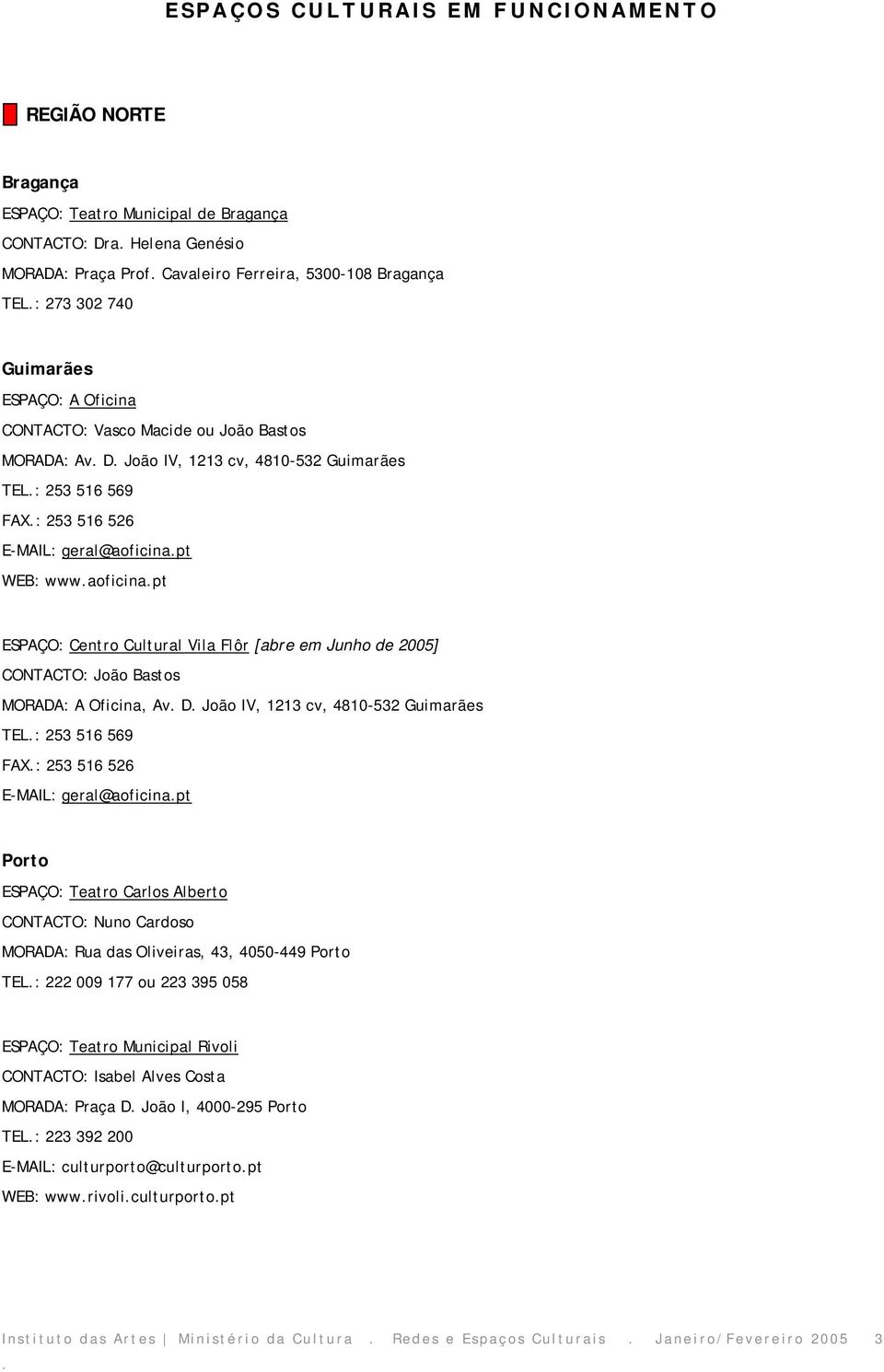 ESPAÇO: Centro Cultural Vila Flôr [abre em Junho de 2005] CONTACTO: João Bastos MORADA: A Oficina, Av D João IV, 1213 cv, 4810-532 Guimarães TEL: 253 516 569 FAX: 253 516 526 E-MAIL: geral@aoficinapt