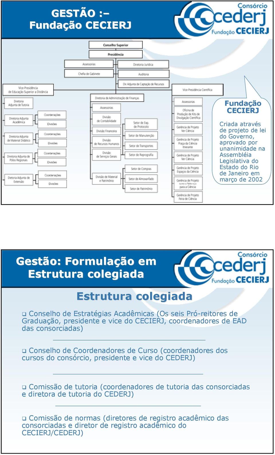 coordenadores de EAD das consorciadas) Conselho de Coordenadores de Curso (coordenadores dos cursos do consórcio, presidente e vice do CEDERJ) Comissão de tutoria (coordenadores