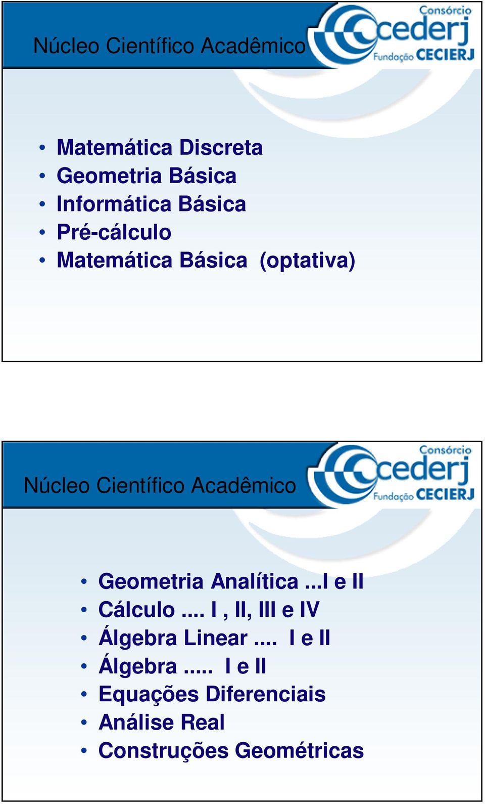 Geometria Analítica...I e II Cálculo... I, II, III e IV Álgebra Linear.