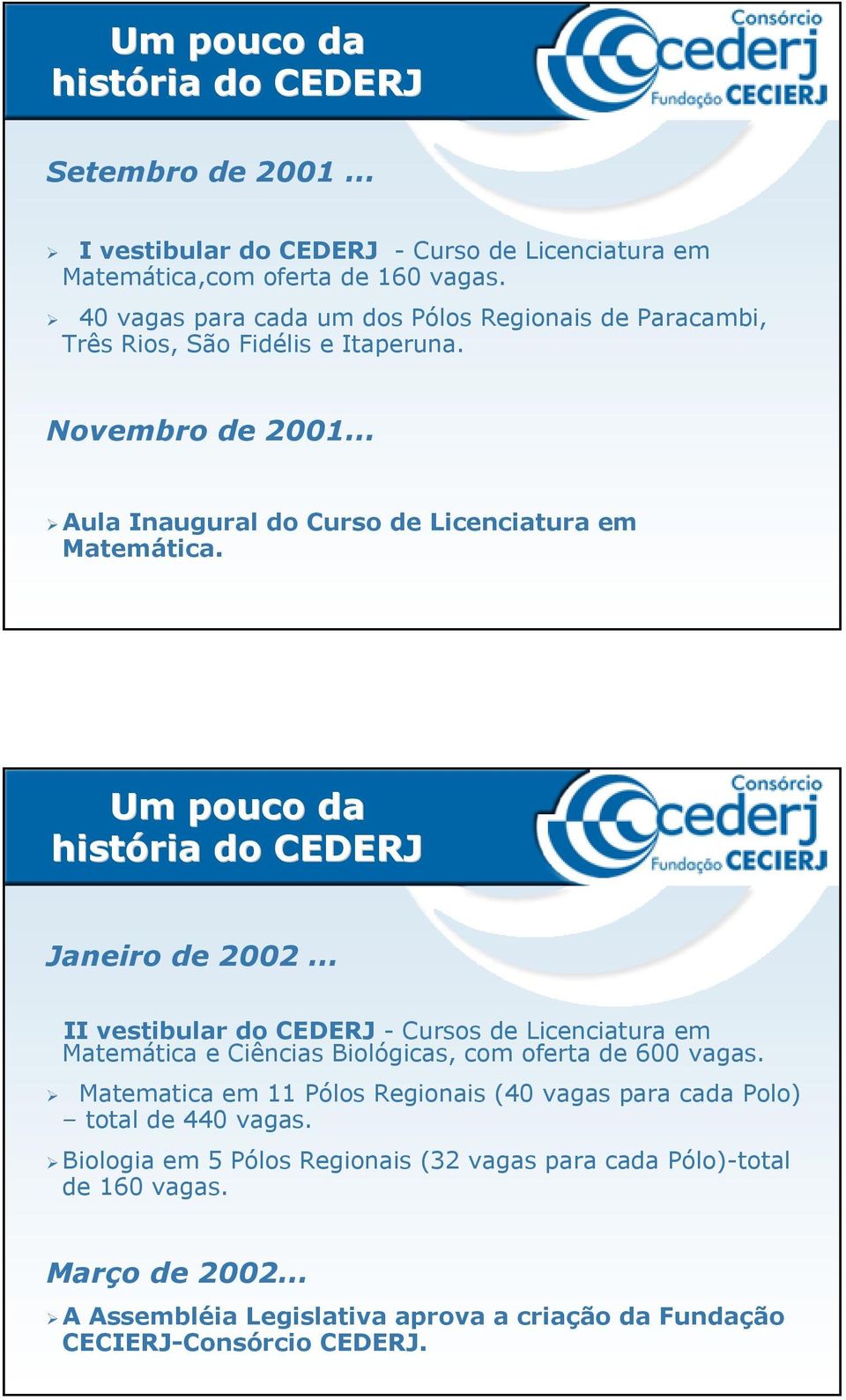 Um pouco da história do CEDERJ Janeiro de 2002... II vestibular do CEDERJ - Cursos de Licenciatura em Matemática e Ciências Biológicas, com oferta de 600 vagas.