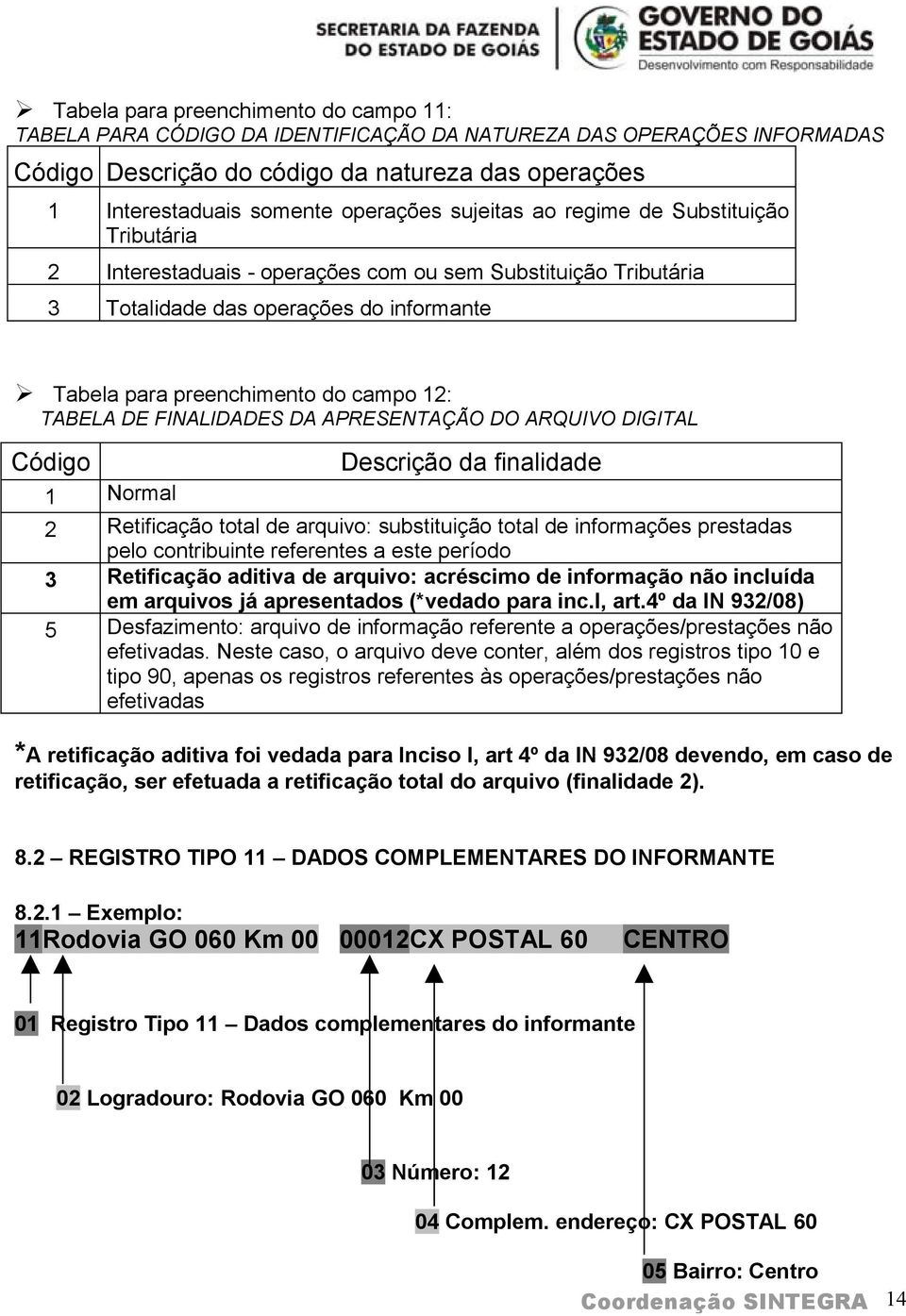 FIALIDADES DA APRESETAÇÃO DO ARQUIVO DIGITAL Código Descrição da finalidade 1 ormal Retificação total de arquivo: substituição total de informações prestadas pelo contribuinte referentes a este