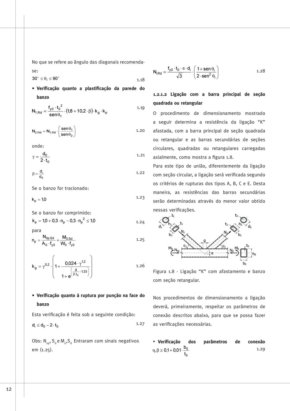 25 1.28 1.2.1.2 Ligação com a barra principal de seção quadrada ou retangular O procedimento de dimensionamento mostrado a seguir determina a resistência da ligação K afastada, com a barra principal