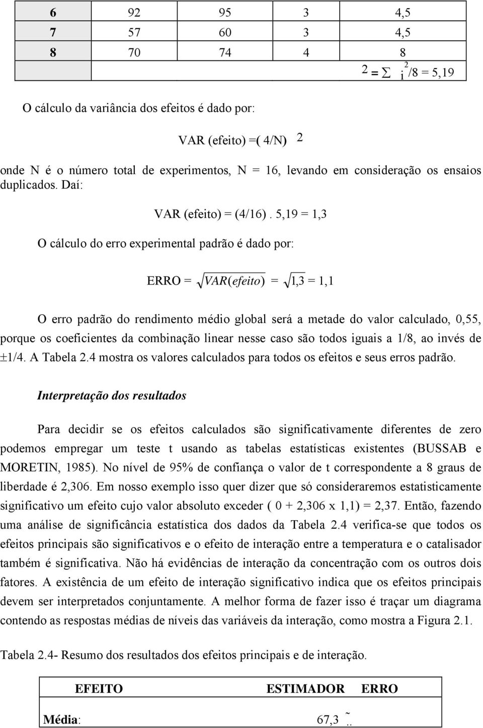 5,19 = 1,3 O cálculo do erro experimental padrão é dado por: ERRO = VAR( efeito) = 1, 3 = 1,1 O erro padrão do rendimento médio global será a metade do valor calculado, 0,55, porque os coeficientes