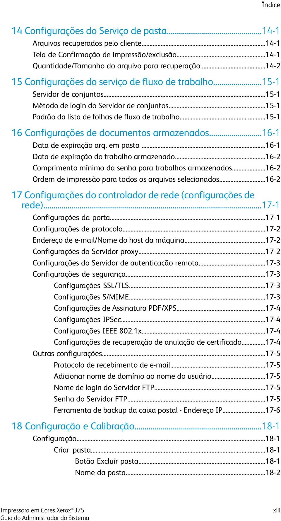 ..15-1 16 Configurações de documentos armazenados...16-1 Data de expiração arq. em pasta...16-1 Data de expiração do trabalho armazenado...16-2 Comprimento mínimo da senha para trabalhos armazenados.