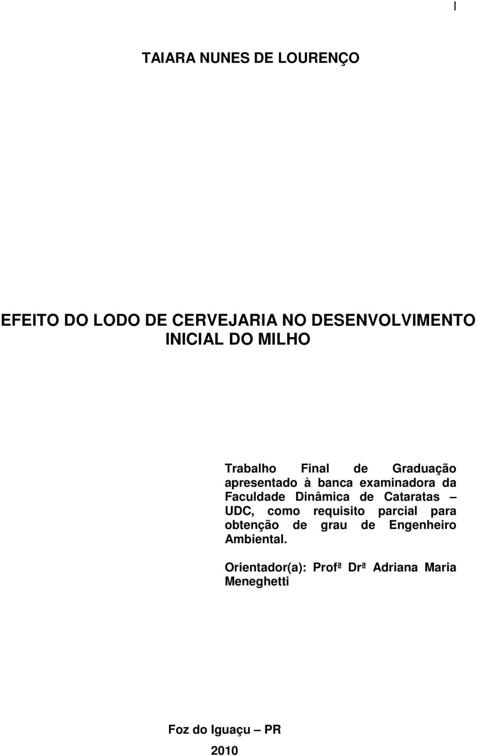 Dinâmica de Cataratas UDC, como requisito parcial para obtenção de grau de