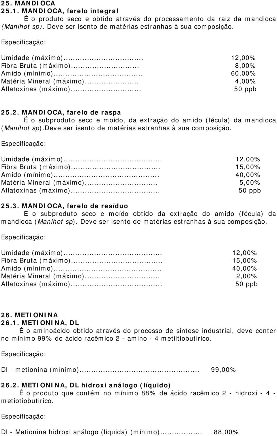 00 8,00 60,00 4,00 ppb 25.2. MANDIOCA, farelo de raspa É o subproduto seco e moído, da extração do amido (fécula) da mandioca (Manihot sp).deve ser isento de matérias estranhas à sua composição.