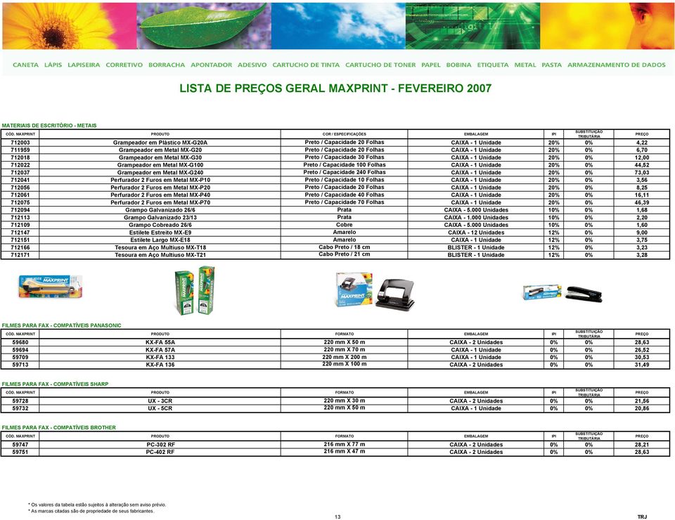 Capacidade 20 Folhas CAIXA - 1 Unidade 20% 0% 6,70 712018 Grampeador em Metal MX-G30 Preto / Capacidade 30 Folhas CAIXA - 1 Unidade 20% 0% 12,00 712022 Grampeador em Metal MX-G100 Preto / Capacidade