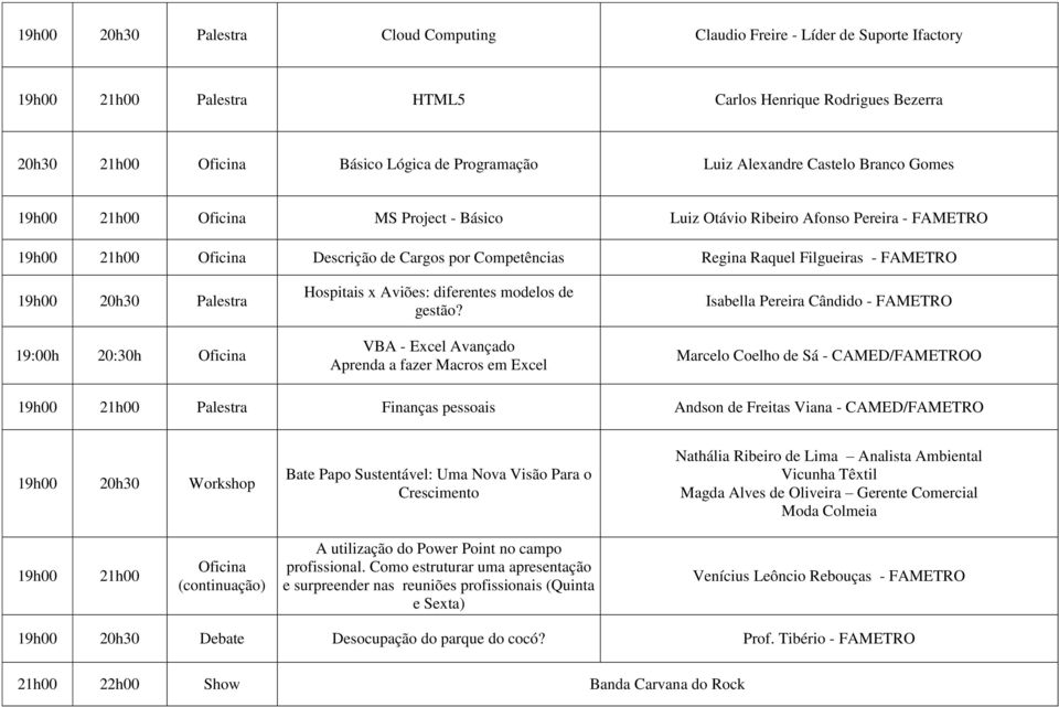 Palestra 19:00h 20:30h Oficina Hospitais x Aviões: diferentes modelos de gestão?