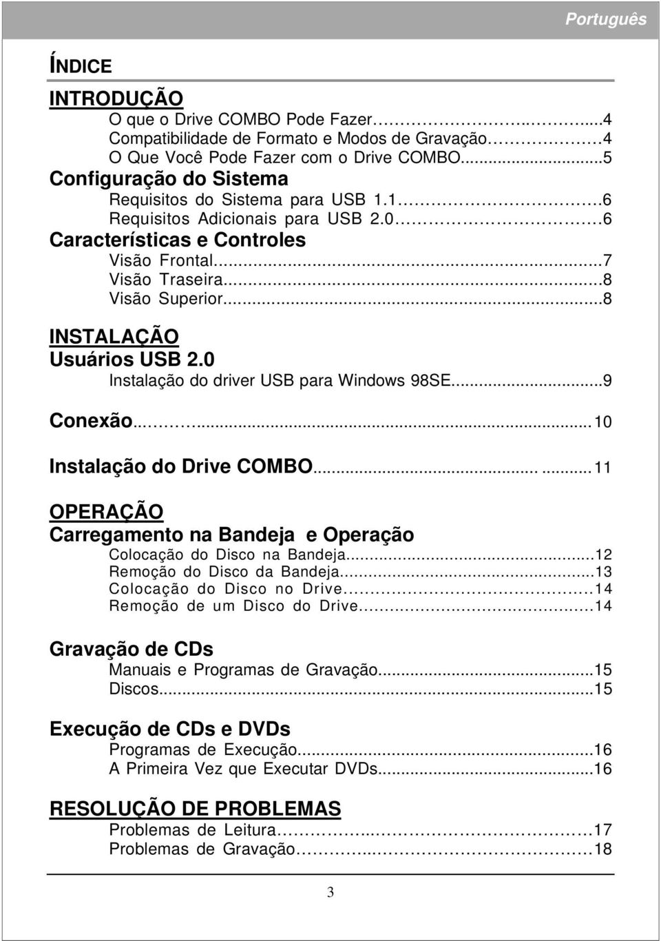 ..8 INSTALAÇÃO Usuários USB 2.0 Instalação do driver USB para Windows 98SE...9 Conexão......10 Instalação do Drive COMBO......11 OPERAÇÃO Carregamento na Bandeja e Operação Colocação do Disco na Bandeja.