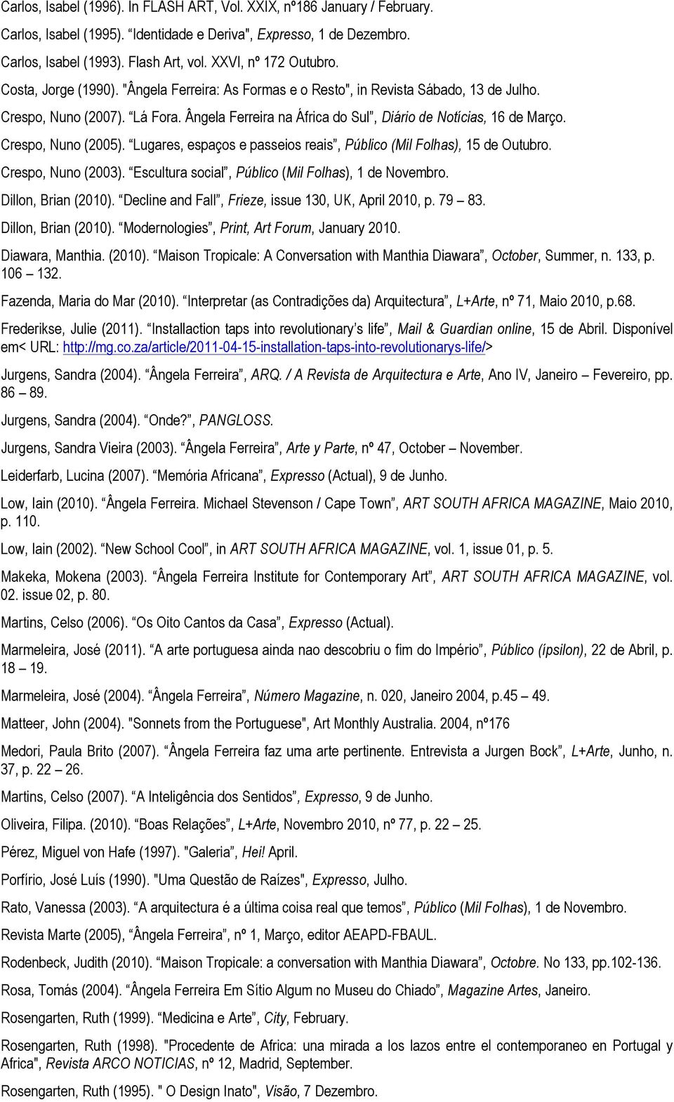 Ângela Ferreira na África do Sul, Diário de Notícias, 16 de Março. Crespo, Nuno (2005). Lugares, espaços e passeios reais, Público (Mil Folhas), 15 de Outubro. Crespo, Nuno (2003).