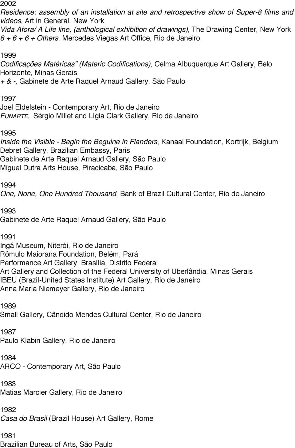 Gerais + & -, Gabinete de Arte Raquel Arnaud Gallery, São Paulo 1997 Joel Eldelstein - Contemporary Art, Rio de Janeiro FUNARTE, Sérgio Millet and Lígia Clark Gallery, Rio de Janeiro 1995 Inside the