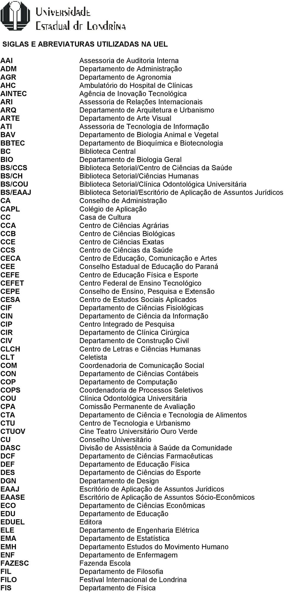 Departamento de Agronomia Ambulatório do Hospital de Clínicas Agência de Inovação Tecnológica Assessoria de Relações Internacionais Departamento de Arquitetura e Urbanismo Departamento de Arte Visual