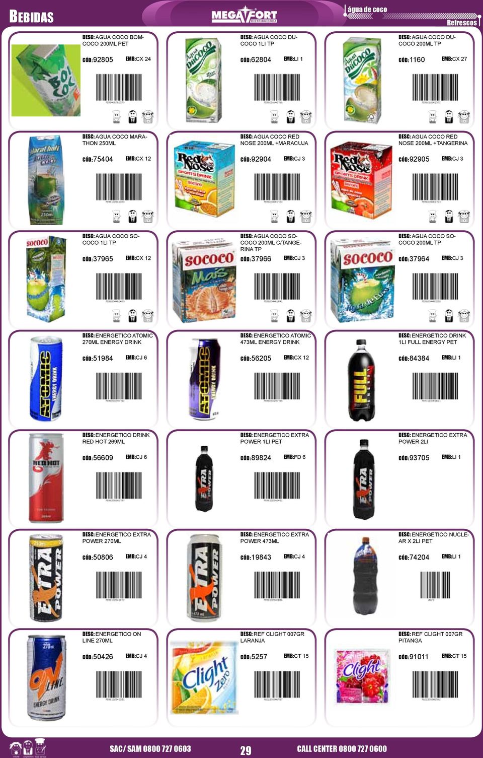 DESC: AGUA COCO SO- COCO 200ML C/TANGE- RINA TP CD:37966 EMB:CJ 3 DESC: AGUA COCO SO- COCO 200ML TP CD:37964 EMB:CJ 3 DESC: ENERGETICO ATOMIC 270ML ENERGY DRINK CD:51984 EMB:CJ 6 DESC: ENERGETICO