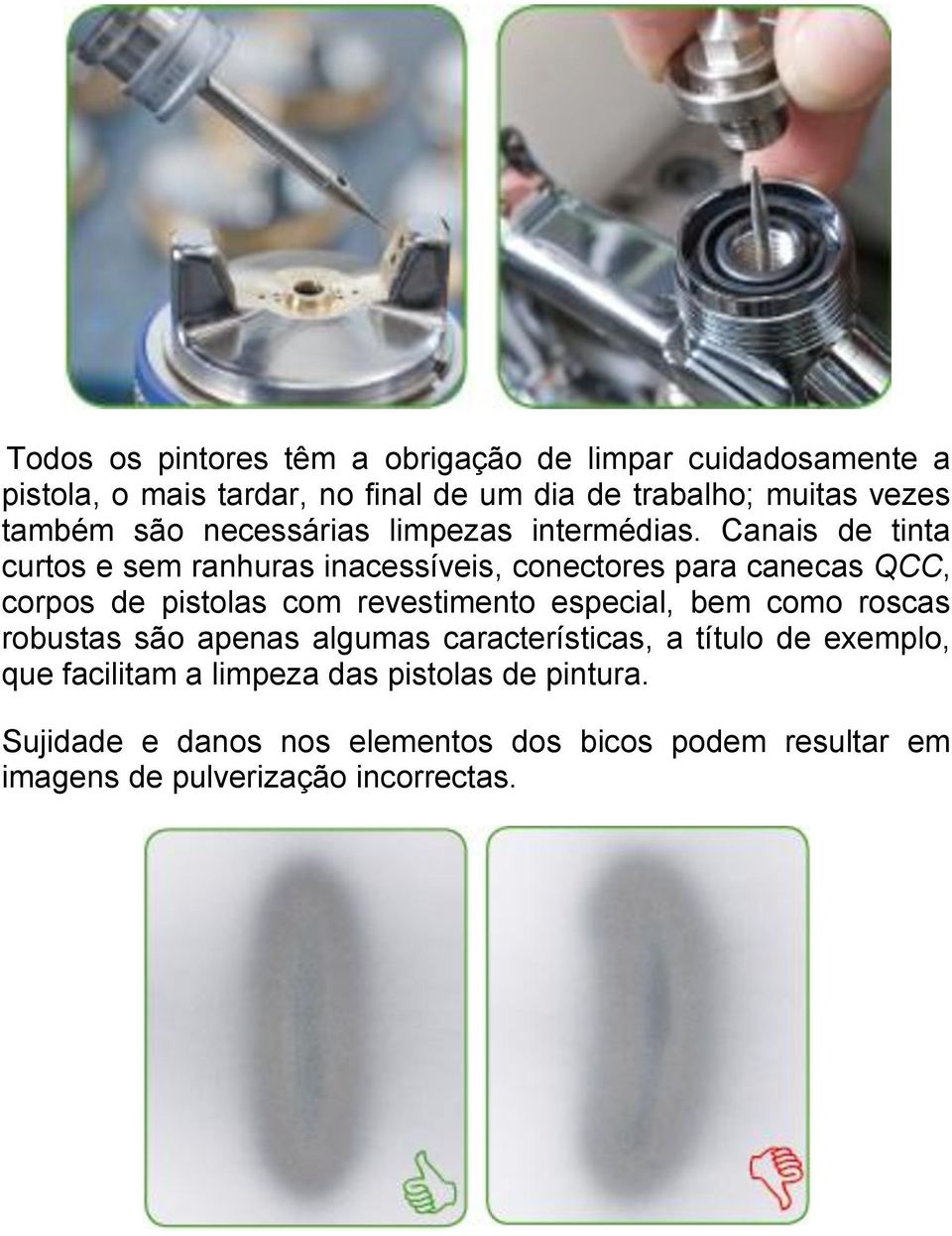 Canais de tinta curtos e sem ranhuras inacessíveis, conectores para canecas QCC, corpos de pistolas com revestimento especial, bem