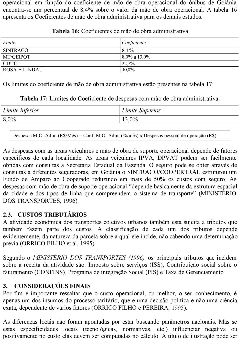 Fonte Tabela 16: Coeficientes de mão de obra administrativa Coeficiente SINTRAGO 8,4 % MT/GEIPOT 8,0% a 13,0% CDTC 22,7% ROSA E LINDAU 10,0% Os limites do coeficiente de mão de obra administrativa