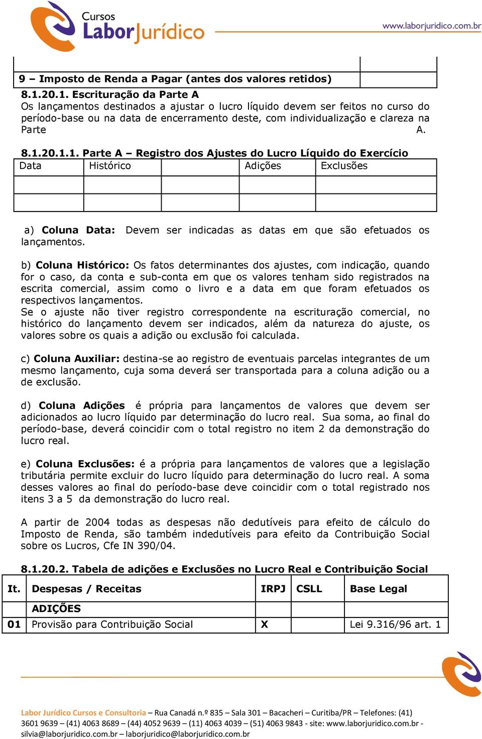 8.1.20.1.1. Parte A Registro dos Ajustes do Lucro Líquido do Exercício Data Histórico Adições Exclusões a) Coluna Data: Devem ser indicadas as datas em que são efetuados os lançamentos.