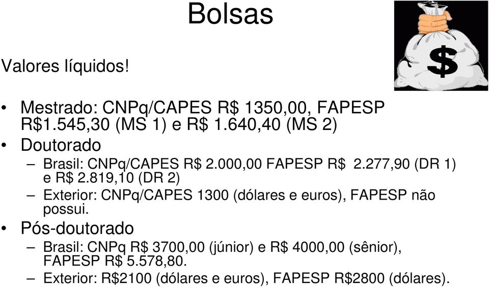 819,10 (DR 2) Exterior: CNPq/CAPES 1300 (dólares e euros), FAPESP não possui.