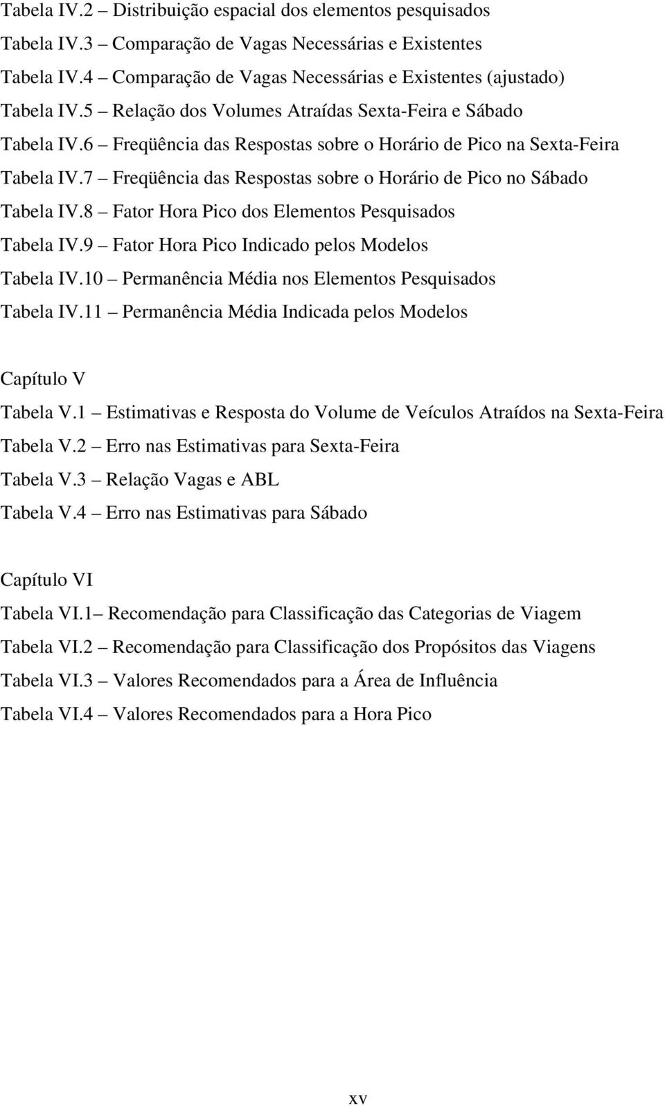 7 Freqüência das Respostas sobre o Horário de Pico no Sábado Tabela IV.8 Fator Hora Pico dos Elementos Pesquisados Tabela IV.9 Fator Hora Pico Indicado pelos Modelos Tabela IV.