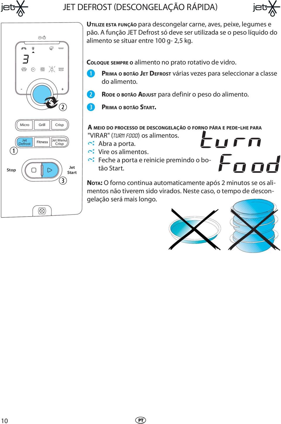 PRIMA O BOTÃO JET DEFROST várias vzs para slccionar a class do alimnto. RODE O BOTÃO ADJUST para dfinir o pso do alimnto. PRIMA O BOTÃO START.