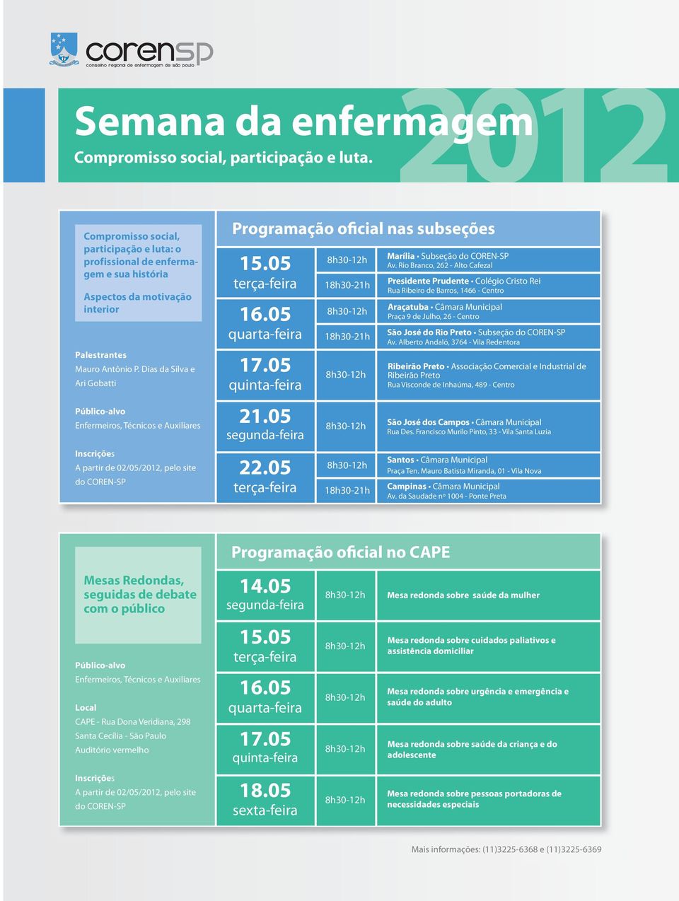 Dias da Silva e Ari Gobatti Público-alvo Enfermeiros, Técnicos e Auxiliares Inscrições A partir de 02/05/2012, pelo site do COREN-SP Programação oficial nas subseções 15.05 terça-feira 16.