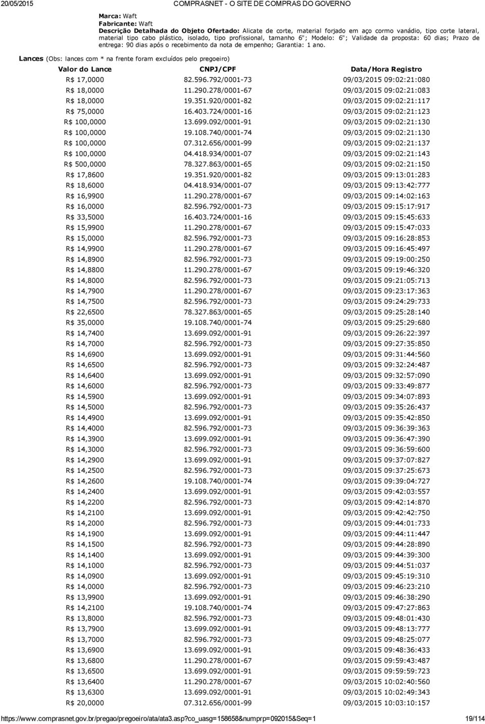 Lances (Obs: lances com * na frente foram excluídos pelo pregoeiro) Valor do Lance CNPJ/CPF Data/Hora Registro R$ 17,0000 82.596.792/0001 73 09:02:21:080 R$ 18,0000 11.290.