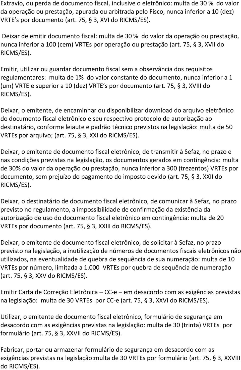 Emitir, utilizar ou guardar documento fiscal sem a observância dos requisitos regulamentares: multa de 1% do valor constante do documento, nunca inferior a 1 (um) VRTE e superior a 10 (dez) VRTE s