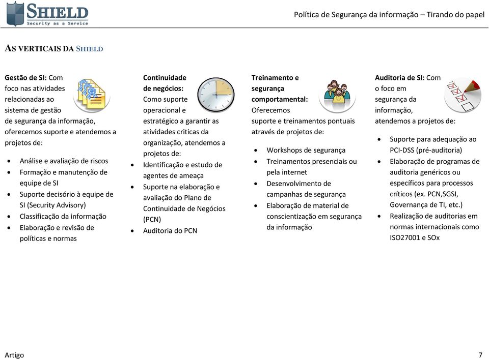 suporte operacional e estratégico a garantir as atividades criticas da organização, atendemos a projetos de: Identificação e estudo de agentes de ameaça Suporte na elaboração e avaliação do Plano de