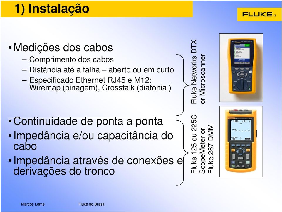 Continuidade de ponta a ponta Impedância e/ou capacitância do cabo Impedância através de