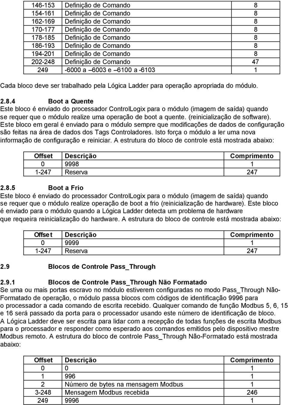 (reinicialização de software). Este bloco em geral é enviado para o módulo sempre que modificações de dados de configuração são feitas na área de dados dos Tags Controladores.