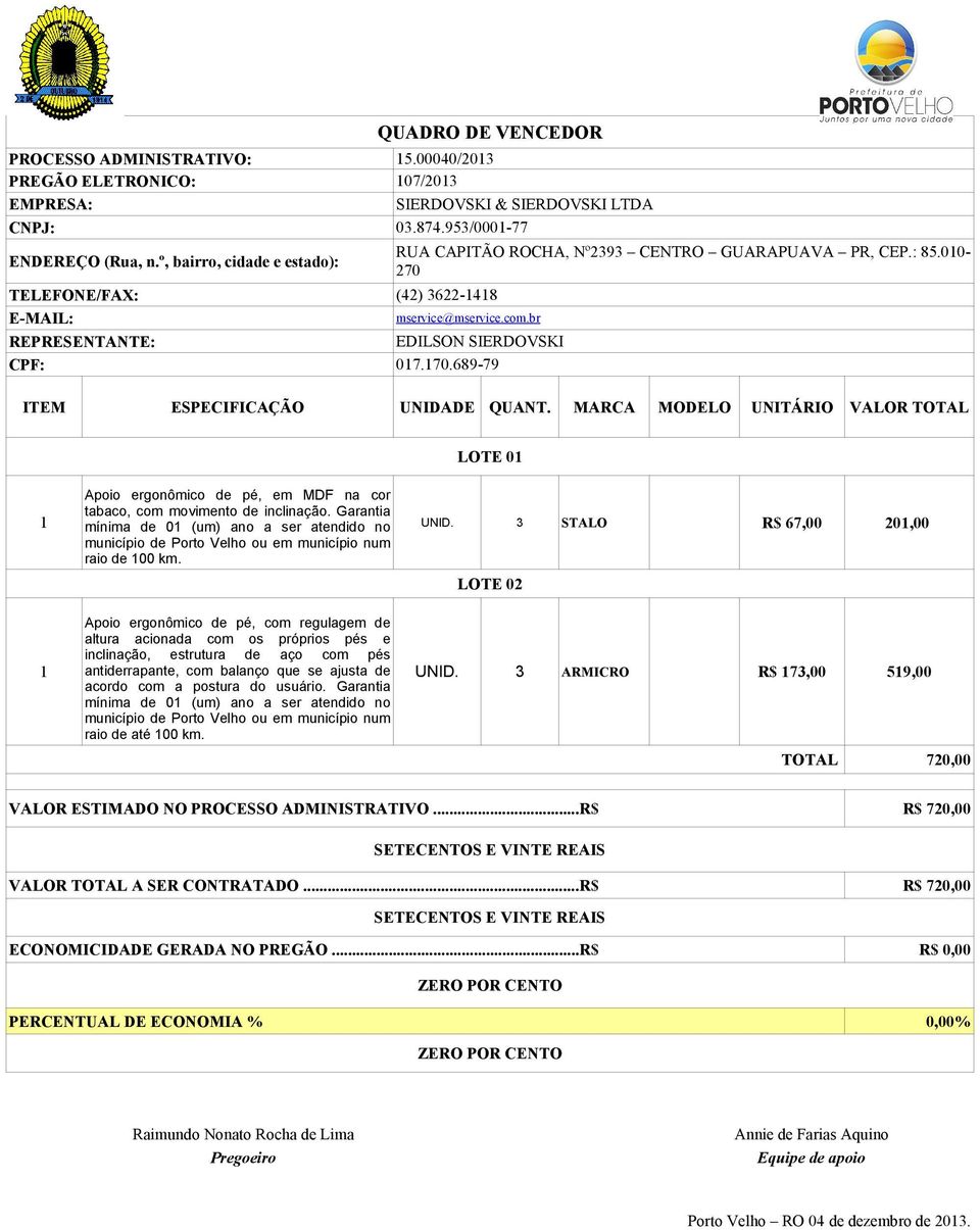 Garantia mínima de 0 (um) ano a ser atendido no UNID. 3 STALO R$ 67,00 20,00 município de Porto Velho ou em município num raio de 00 km.