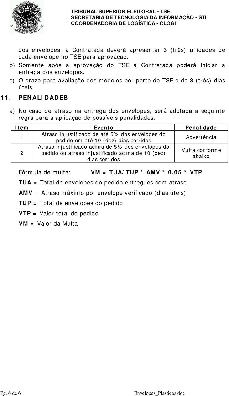 PENALIDADES a) No caso de atraso na entrega dos envelopes, será adotada a seguinte regra para a aplicação de possíveis penalidades: Item Evento Penalidade 1 Atraso injustificado de até 5% dos