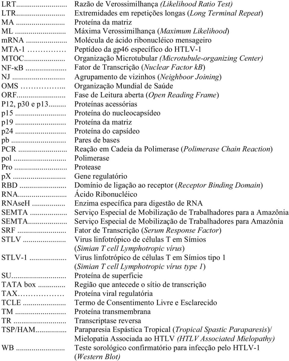 .. Fator de Transcrição (Nuclear Factor kb) NJ... Agrupamento de vizinhos (Neighboor Joining) OMS... Organização Mundial de Saúde ORF... Fase de Leitura aberta (Open Reading Frame) P12, p30 e p13.