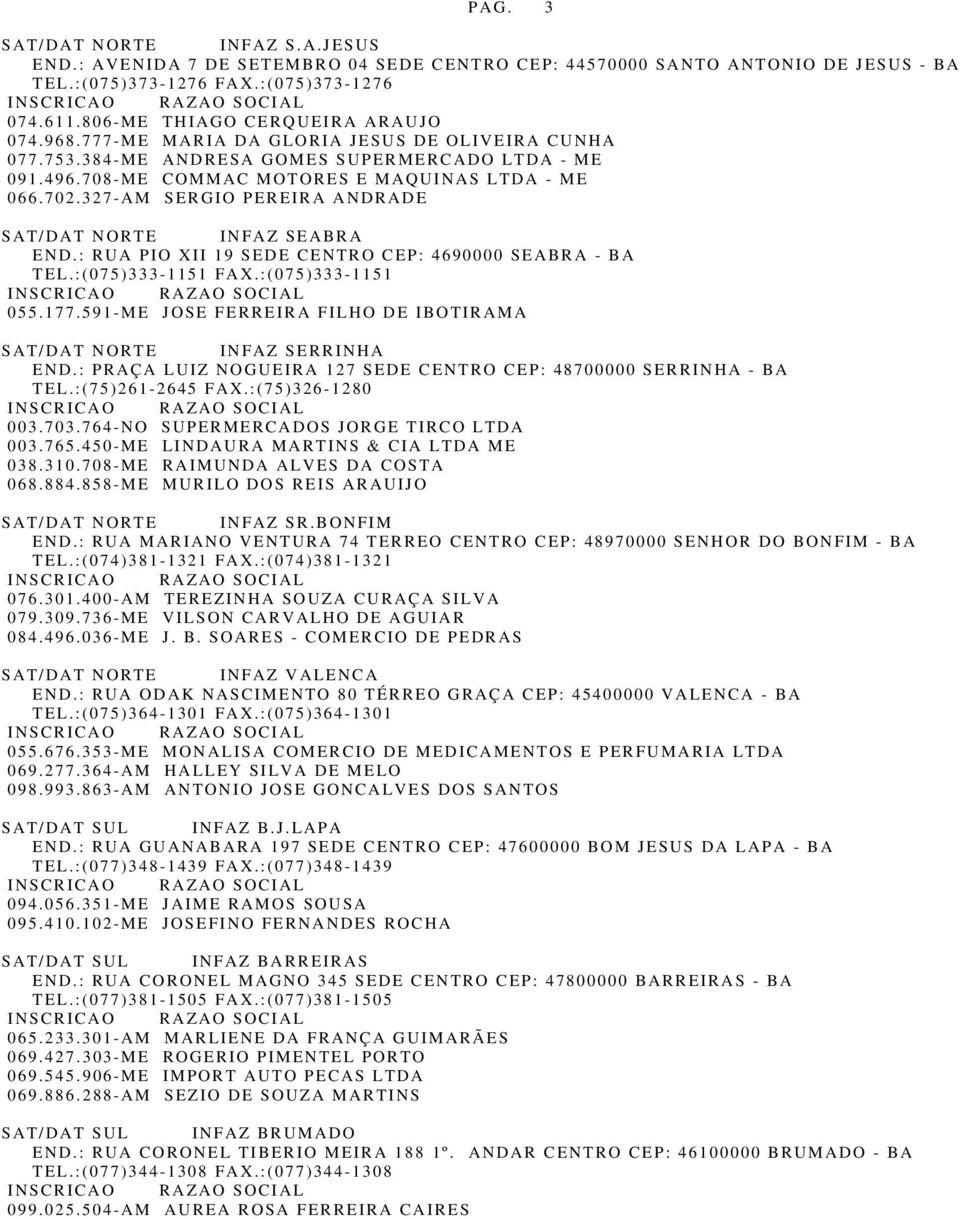 327-AM SERGIO PEREIRA ANDRADE SAT/DAT NORTE INFAZ SEABRA END.: RUA PIO XII 19 SEDE CENTRO CEP: 4690000 SEABRA - BA TEL.:(075)333-1151 FAX.:(075)333-1151 055.177.
