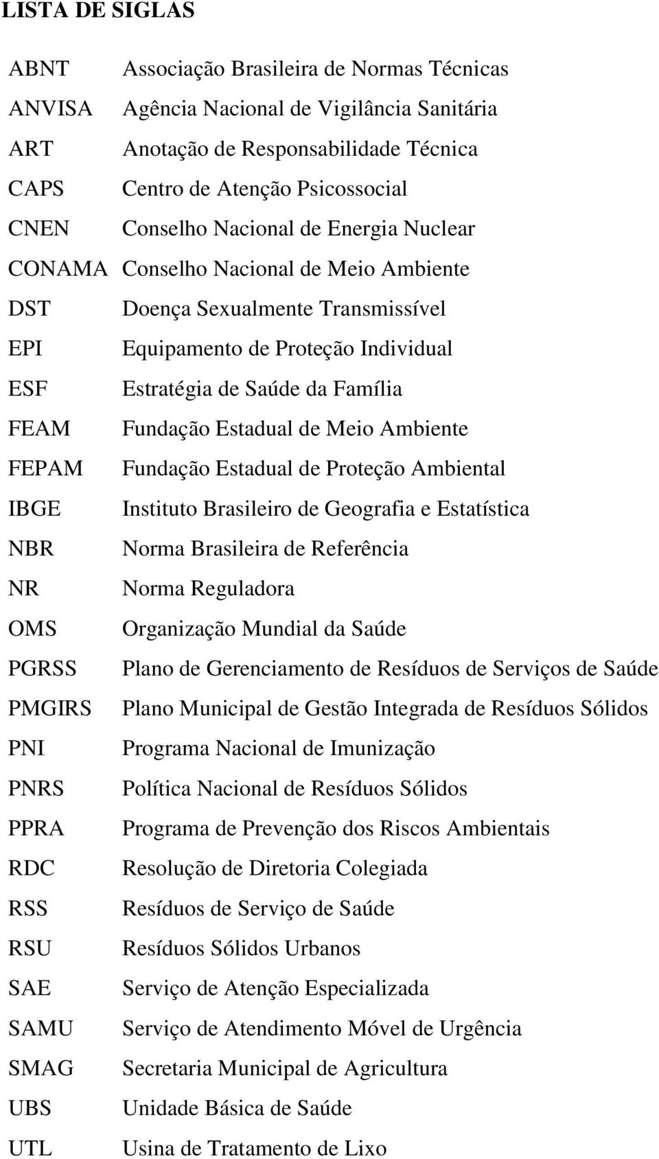 Fundação Estadual de Meio Ambiente FEPAM Fundação Estadual de Proteção Ambiental IBGE Instituto Brasileiro de Geografia e Estatística NBR Norma Brasileira de Referência NR Norma Reguladora OMS