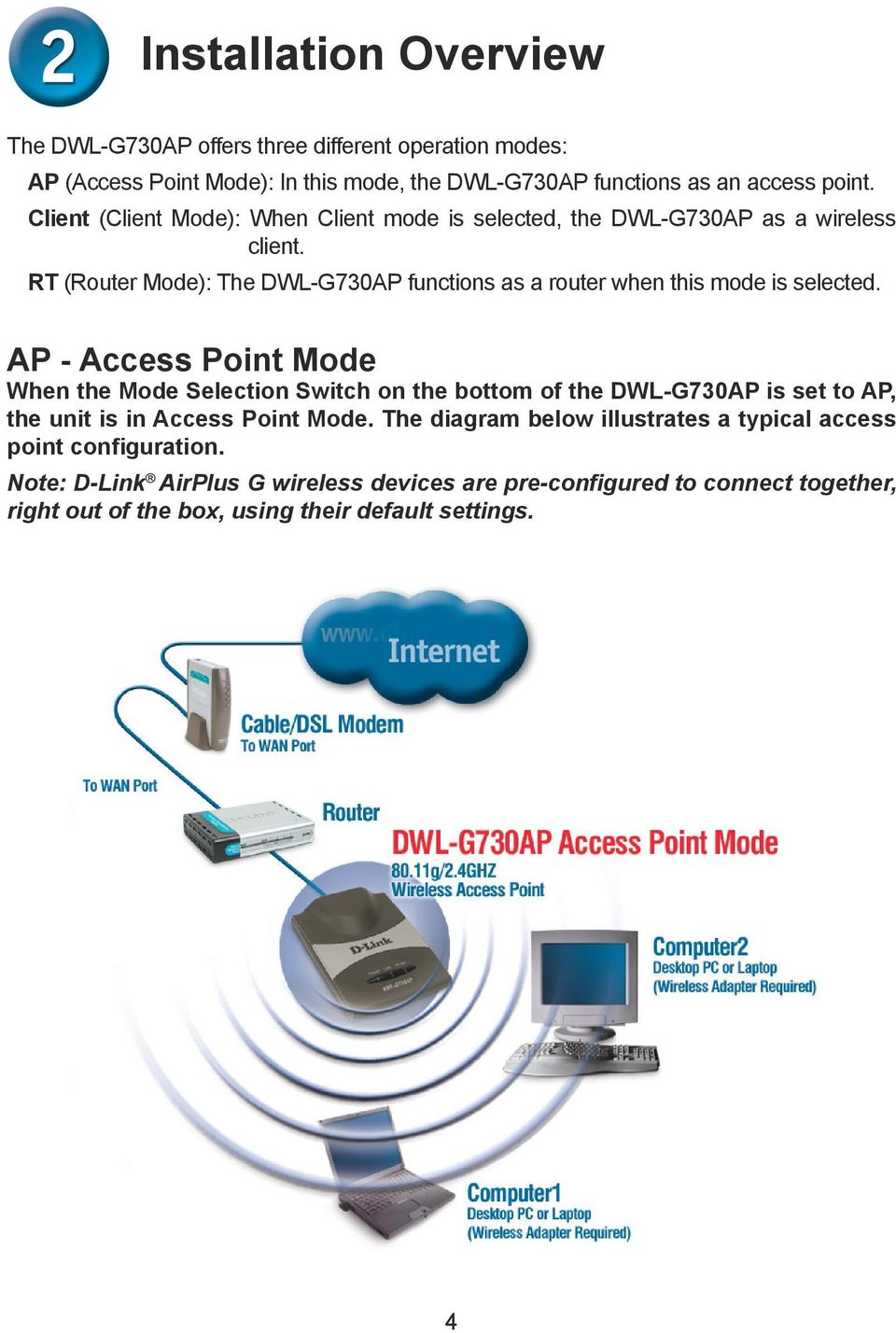 RT (Router Mode): The DWL-G730AP functions as a router when this mode is selected.