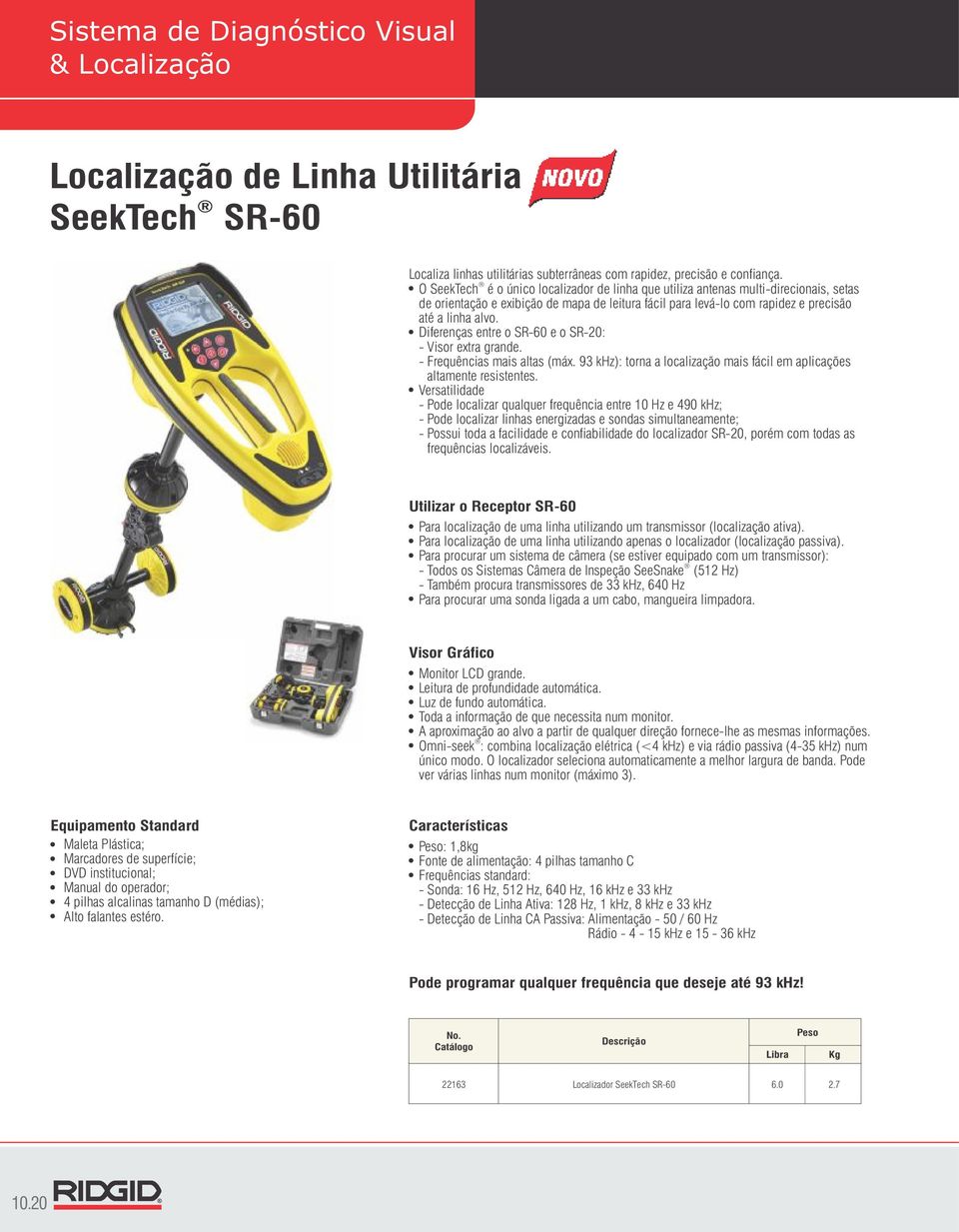 Diferenças entre o SR60 e o SR20: Visor extra grande. Frequências mais altas (máx. 93 khz): torna a localização mais fácil em aplicações altamente resistentes.