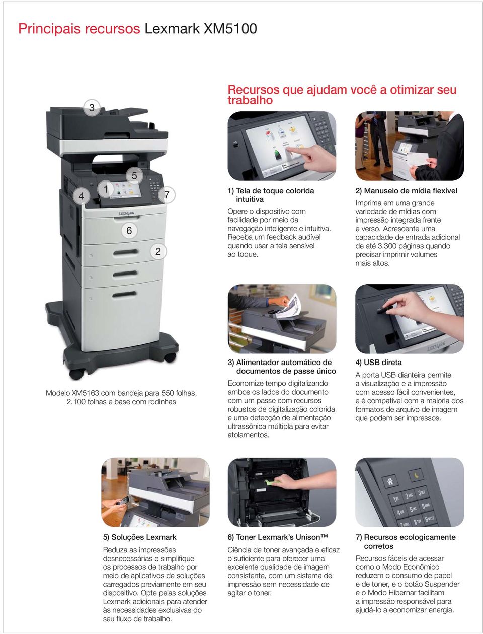 2) Manuseio de mídia flexível Imprima em uma grande variedade de mídias com impressão integrada frente e verso. Acrescente uma capacidade de entrada adicional de até 3.