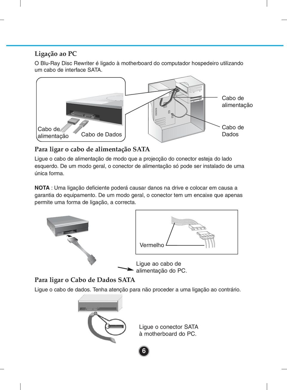 De um modo geral, o conector de alimentação só pode ser instalado de uma única forma. NOTA : Uma ligação deficiente poderá causar danos na drive e colocar em causa a garantia do equipamento.