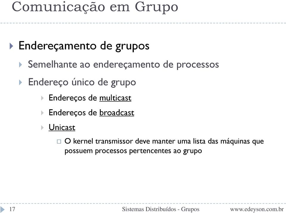 Endereços de broadcast Unicast O kernel transmissor deve