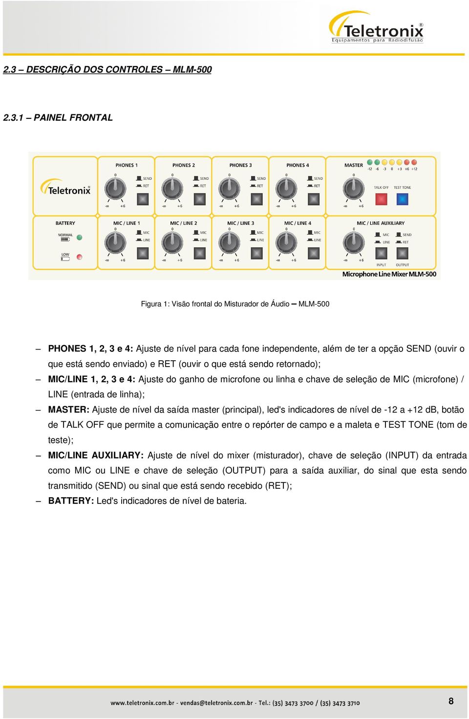 linha); MASTER: Ajuste de nível da saída master (principal), led's indicadores de nível de -12 a +12 db, botão de TALK OFF que permite a comunicação entre o repórter de campo e a maleta e TEST TONE