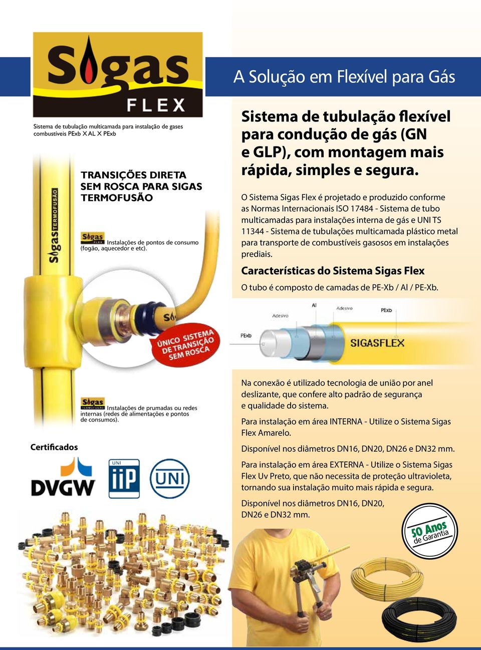 O Sistema Sigas Flex é projetado e produzido conforme as Normas Internacionais ISO 17484 - Sistema de tubo multicamadas para instalações interna de gás e UNI TS 11344 - Sistema de tubulações