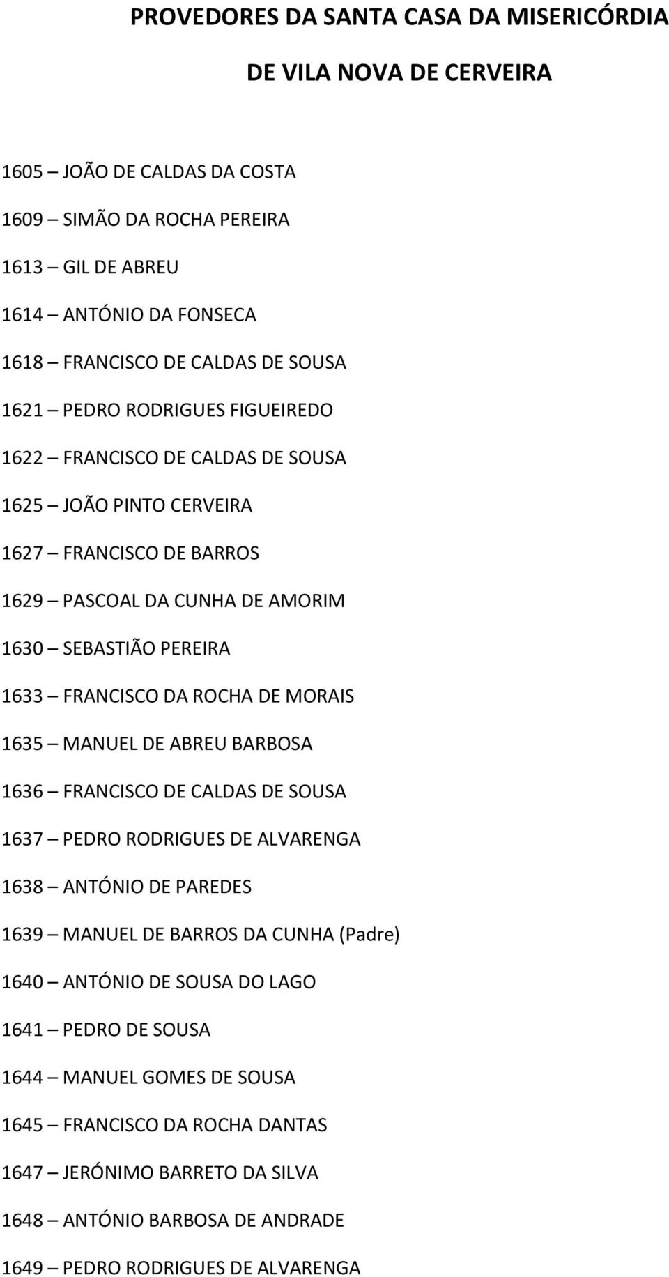 FRANCISCO DA ROCHA DE MORAIS 1635 MANUEL DE ABREU BARBOSA 1636 FRANCISCO DE CALDAS DE SOUSA 1637 PEDRO RODRIGUES DE ALVARENGA 1638 ANTÓNIO DE PAREDES 1639 MANUEL DE BARROS DA CUNHA (Padre)