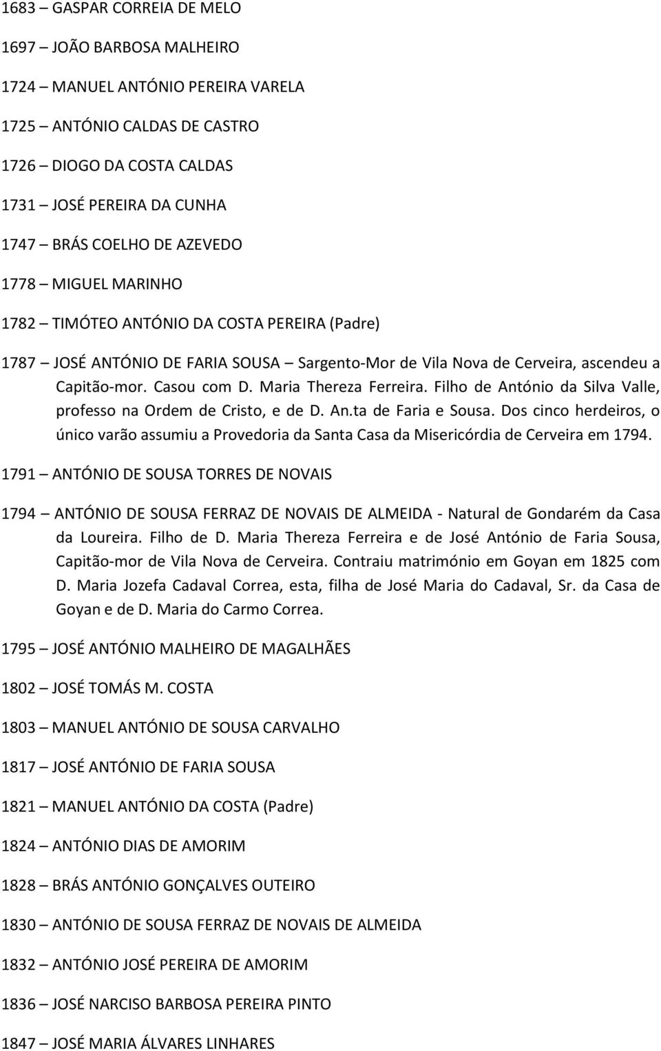 Maria Thereza Ferreira. Filho de António da Silva Valle, professo na Ordem de Cristo, e de D. An.ta de Faria e Sousa.