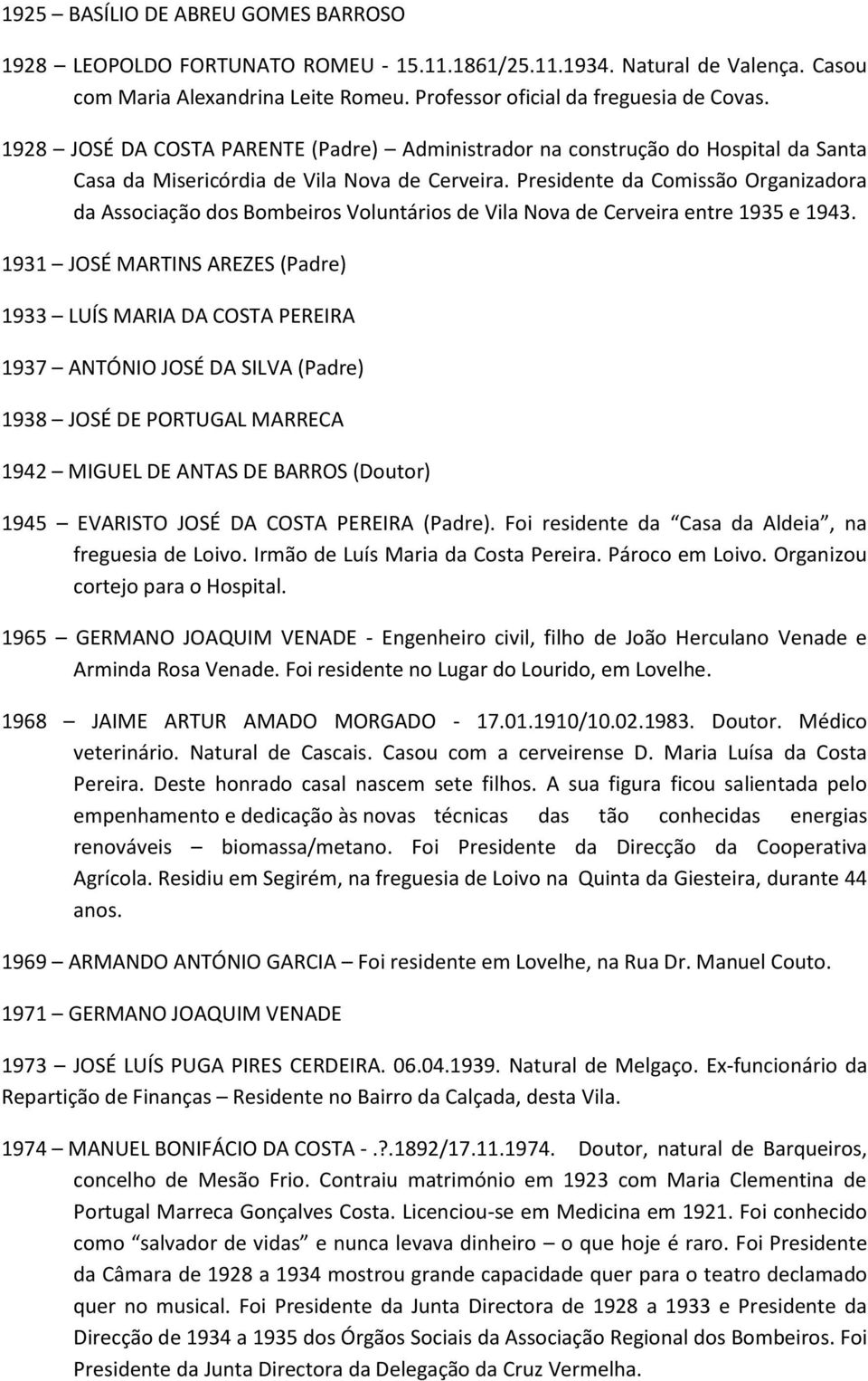 Presidente da Comissão Organizadora da Associação dos Bombeiros Voluntários de Vila Nova de Cerveira entre 1935 e 1943.