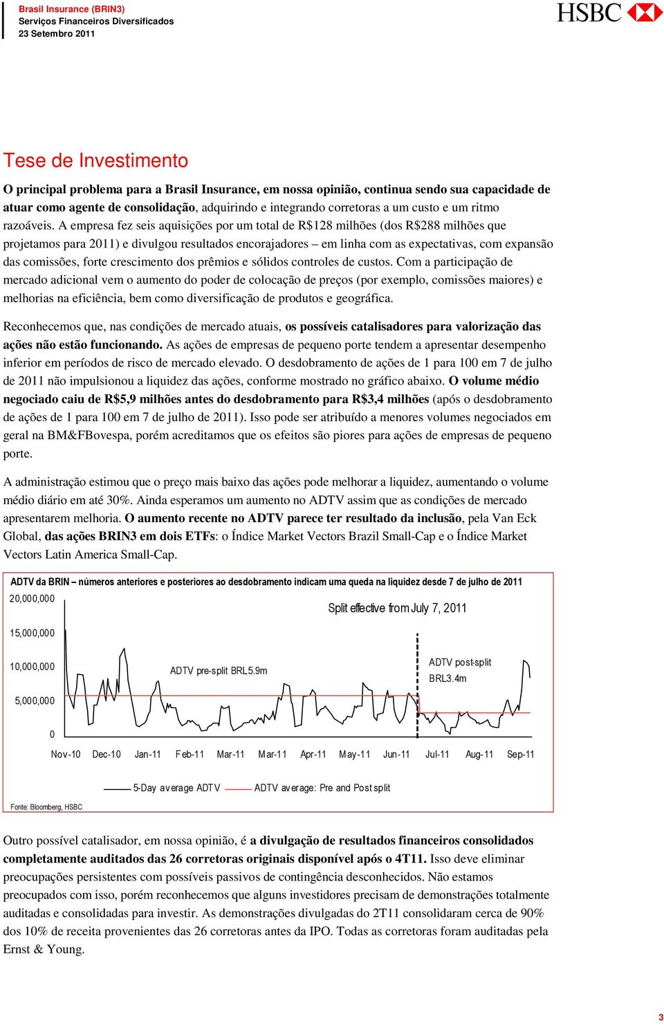 A empresa fez seis aquisições por um total de R$128 milhões (dos R$288 milhões que projetamos para 2011) e divulgou resultados encorajadores em linha com as expectativas, com expansão das comissões,