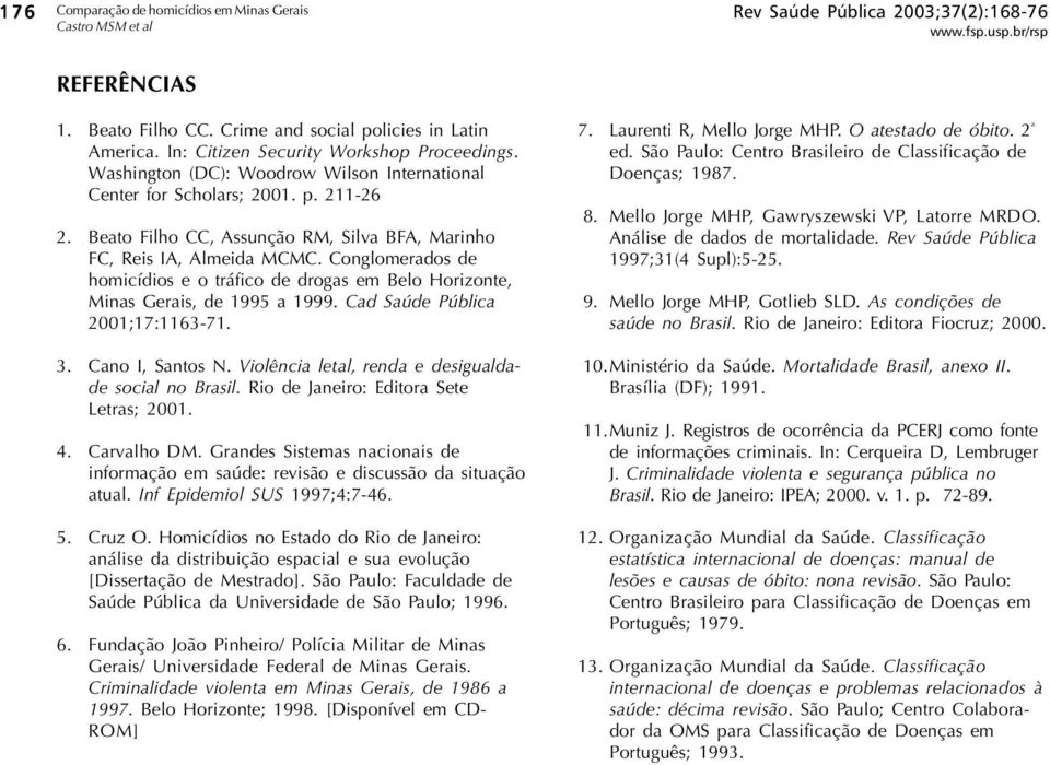 Conglomerados de homicídios e o tráfico de drogas em Belo Horizonte, Minas Gerais, de 1995 a 1999. Cad Saúde Pública 21;17:1163-71. 3. C I, Santos N.